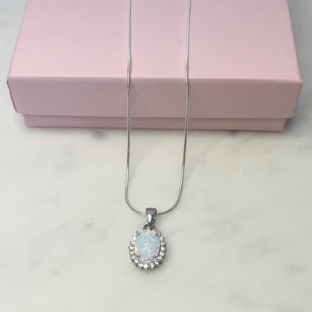 Sterling Silver Lab Created Opal and Cz Necklace - Picture 5 of 16